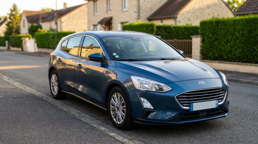 Ford Focus bleue garée dans une rue résidentielle