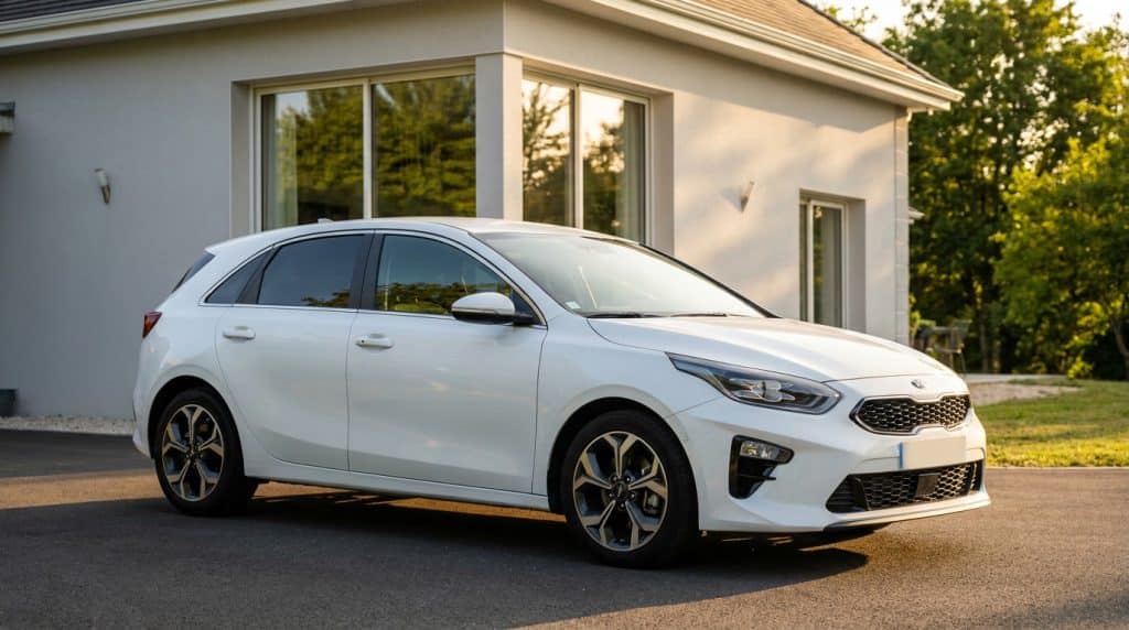 Kia Ceed compacte blanche garée devant une maison