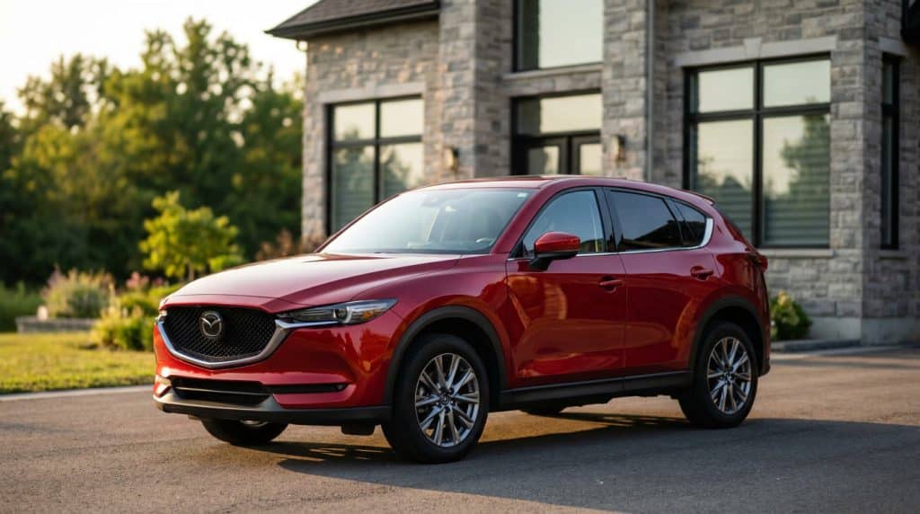 Mazda CX-5 SUV rouge garé devant une maison