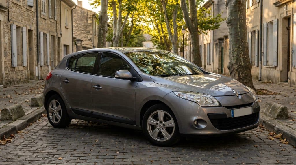 Renault Mégane 3 grise garée dans une rue résidentielle