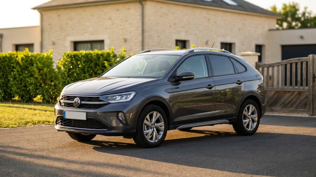 Volkswagen Taigo SUV gris devant une maison